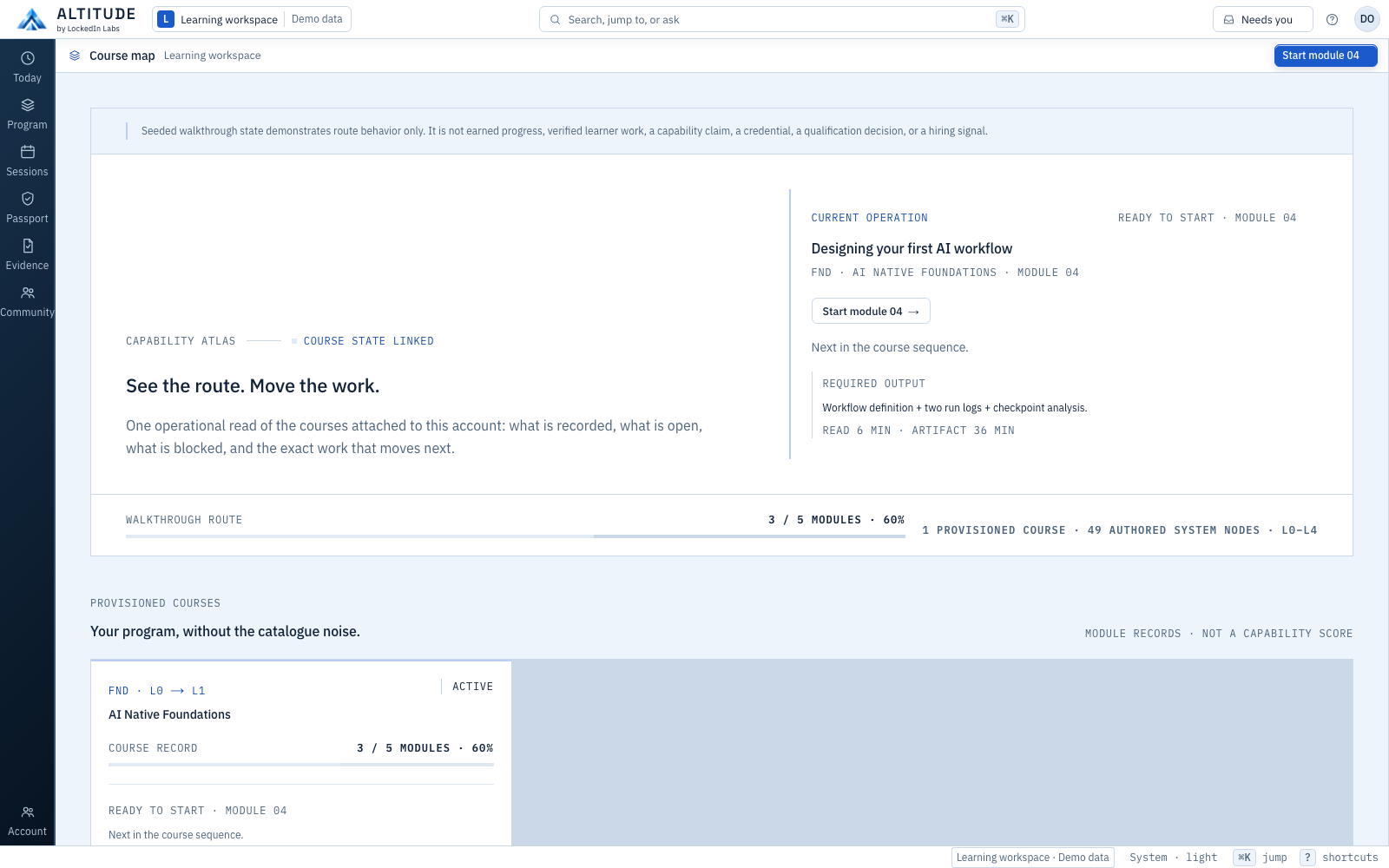 The Graph inside the learner workspace — completed, in-progress, available, and locked modules laid out across the L0–L4 levels