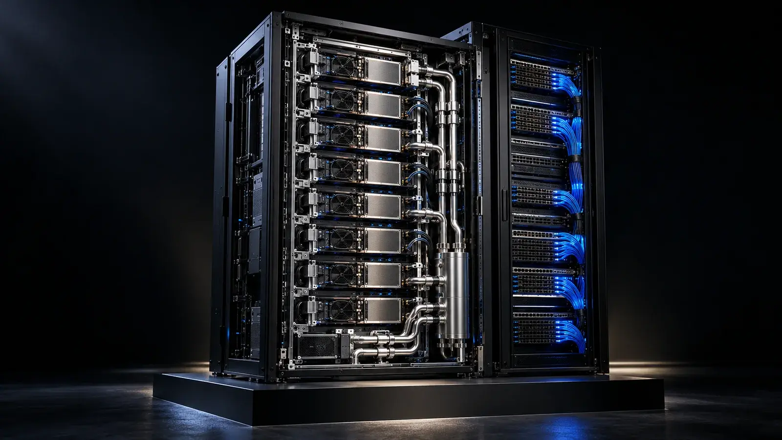 Conceptual open compute rack with server modules, cooling pipes and an adjacent network fabric, lit in cobalt blue.