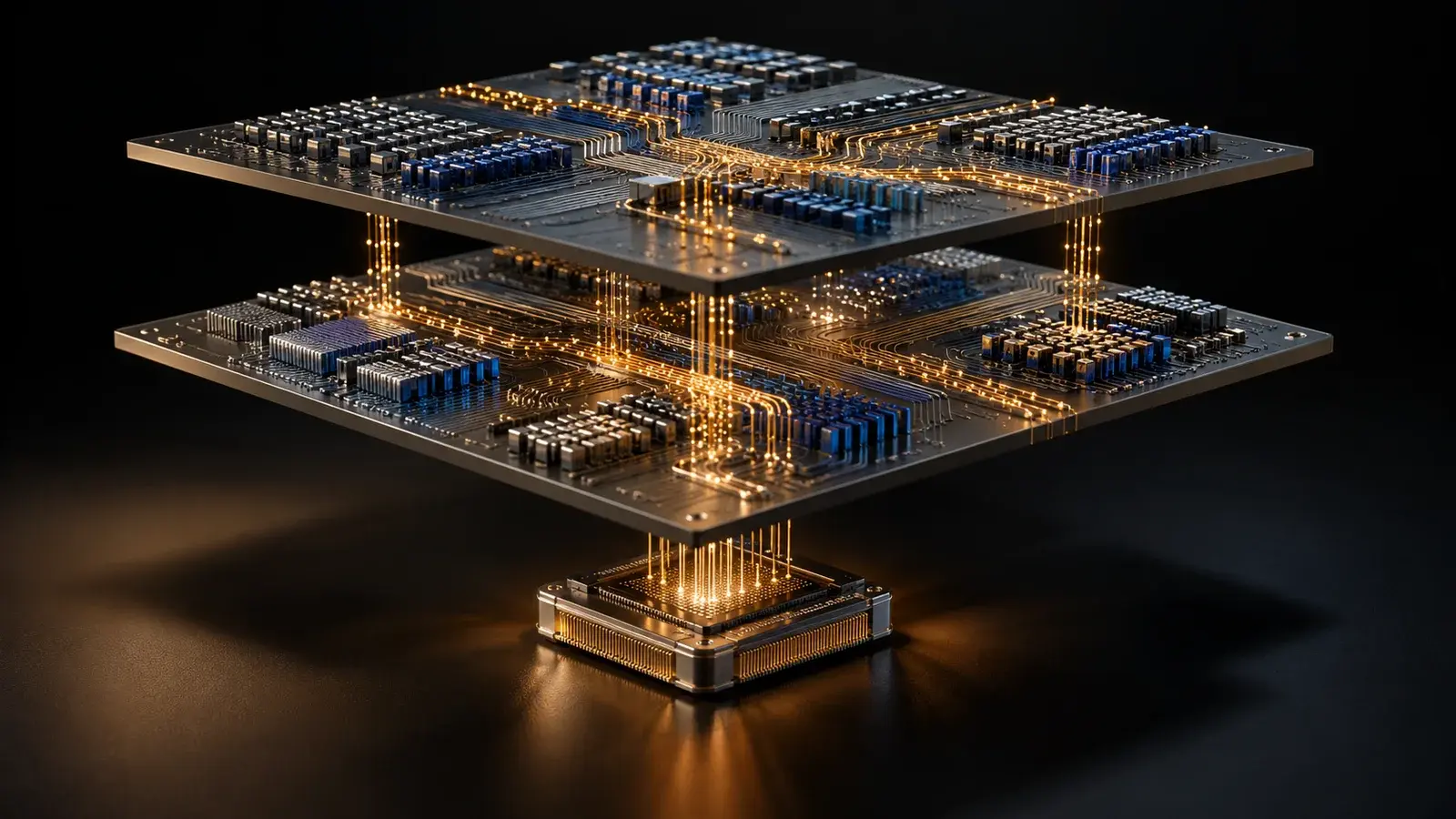 An original visual metaphor for software layers: separated dark planes connected by illuminated data paths above a compute module.