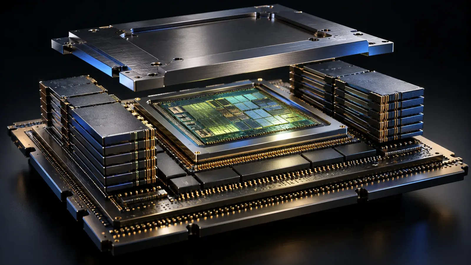 Conceptual cutaway of an accelerator package, with a central silicon die, surrounding memory stacks and a raised thermal frame.